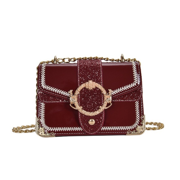 Handbags - Graphite Chain Glitter Leather Shoulder Bag / Crossbody Bag (Red)